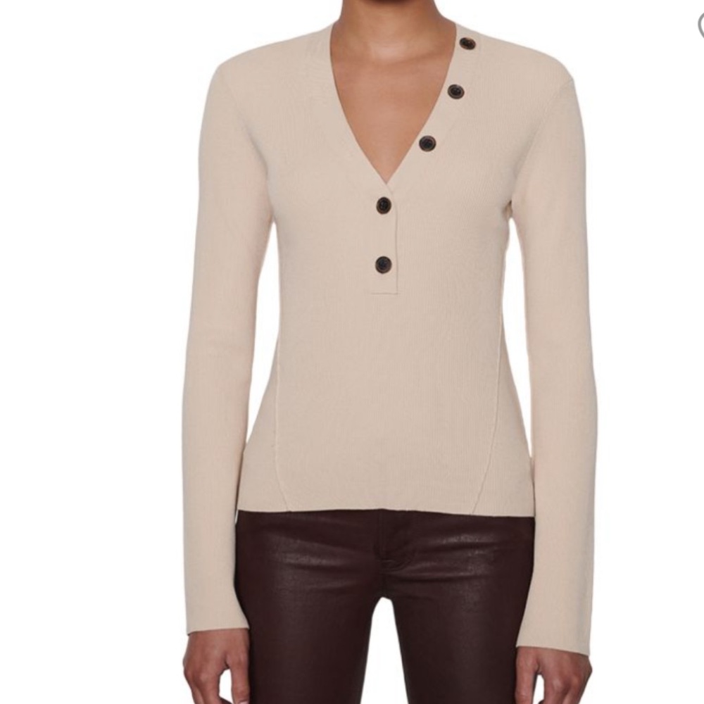 FRAME Beige V-Neck Half-Button Pullover Rib Knit Long Sleeve Henley Top Size XS